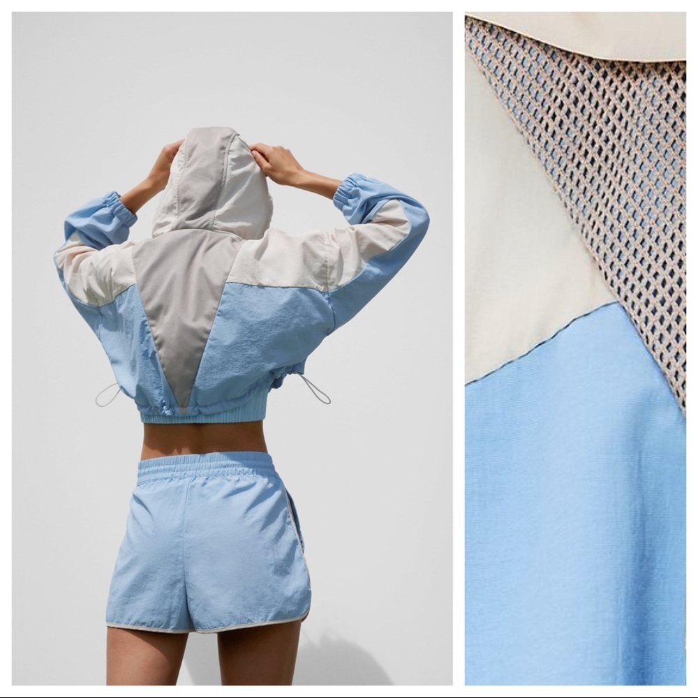 NWT. Zara Blue/Cream Combination Cropped Raincoat/Windbreaker Jacket. Size M. - Picture 3 of 8